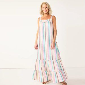 NWT Women's Sonoma Goods For Life Multi-Color Stripe Tiered Maxi Dress